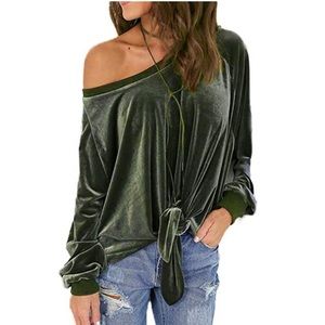 ABD Velvet Off Shoulder Long Sleeve Knotted Top